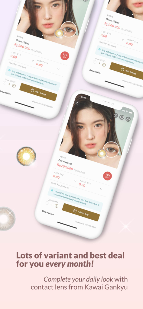 Kawai Gankyu - Mobile app screens for Kawai Gankyu showing Korean contact lens product details and shopping features