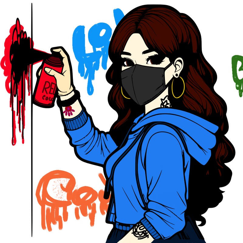 realistic girl with mask spray painting a wall
