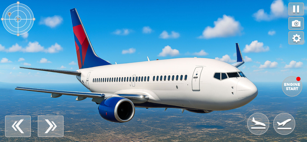 City Plane Flight Sim Games 3D - A white commercial airplane flying over a landscape in a 3D flight simulation game