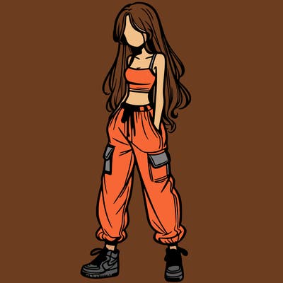 girl in baggy pants crop top and long hair