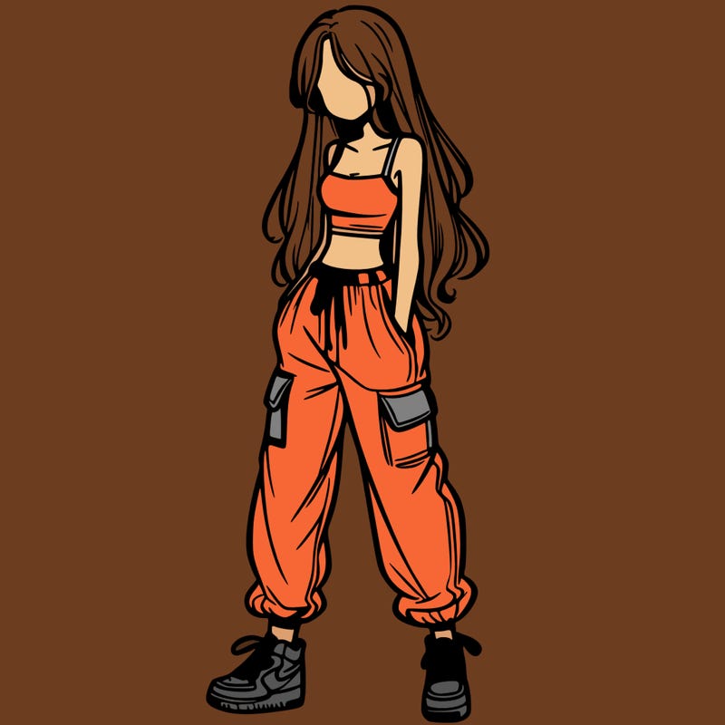 girl in baggy pants crop top and long hair