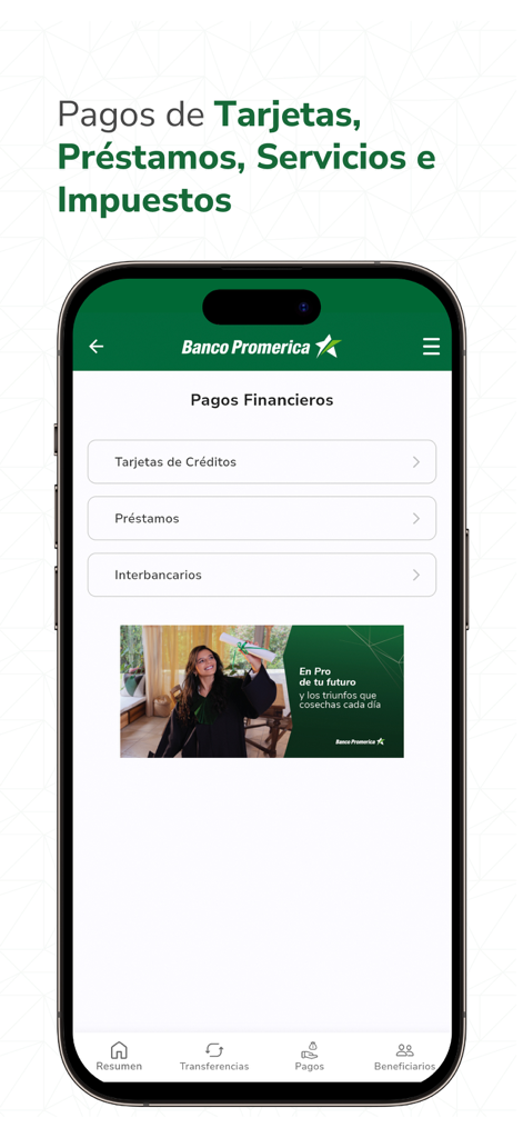 Promerica Móvil RD App-Oberfläche für Finanzzahlungen einschließlich Kreditkarten und Krediten