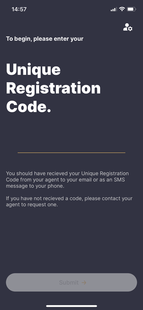 Credas - Mobile screen of the Credas app prompting the user to enter a unique registration code to start their identity verification process