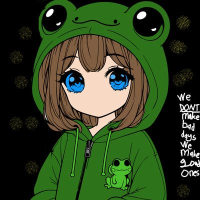 cute realistic girl in a froggy hoodie