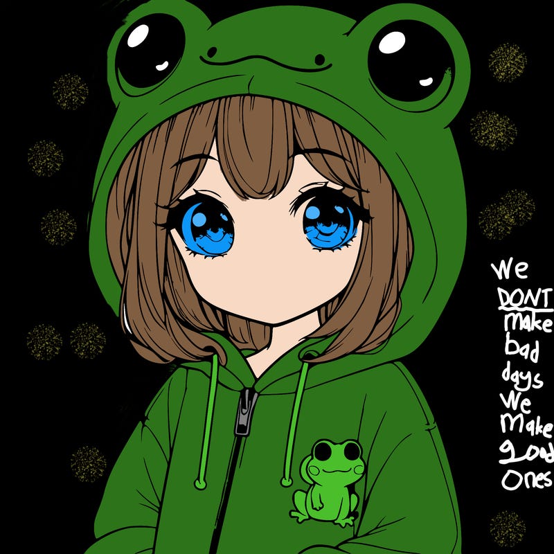 cute realistic girl in a froggy hoodie