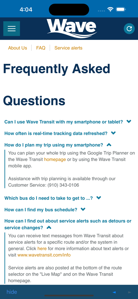 Wave Transit - Wilmington - Frequently Asked Questions page of the Wave Transit Wilmington mobile app showing trip planning and service alert information