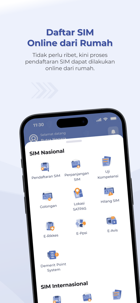 Aplicación móvil Digital Korlantas POLRI mostrando servicios de registro y renovación de licencia de conducir indonesia