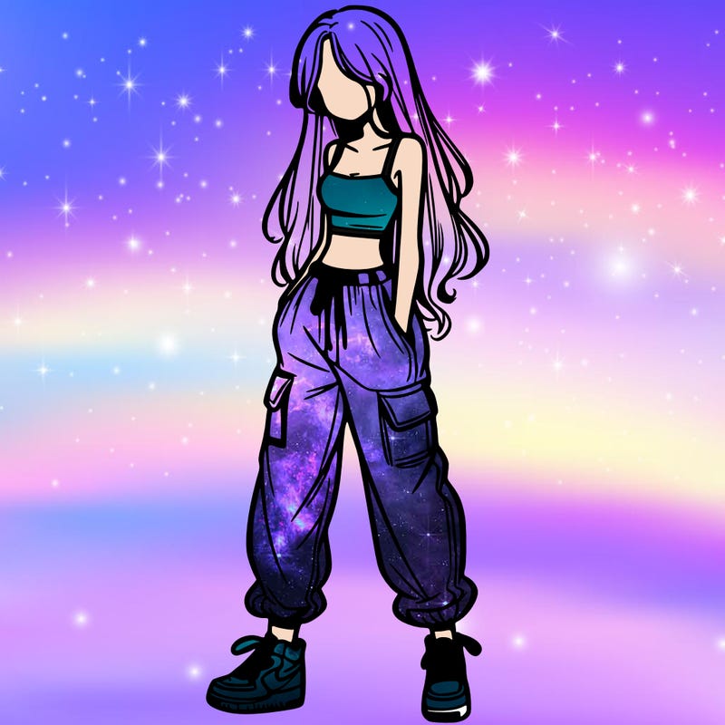 girl in baggy pants crop top and long hair