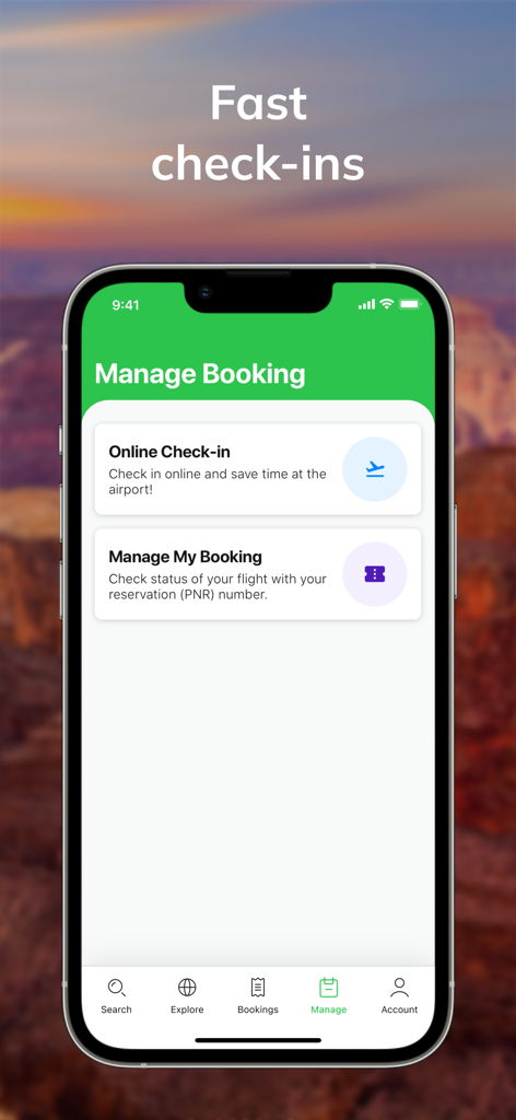 WINGIE - Book Cheap Flights - Wingieモバイルアプリ。予約管理画面にオンラインチェックインオプションが表示されています。