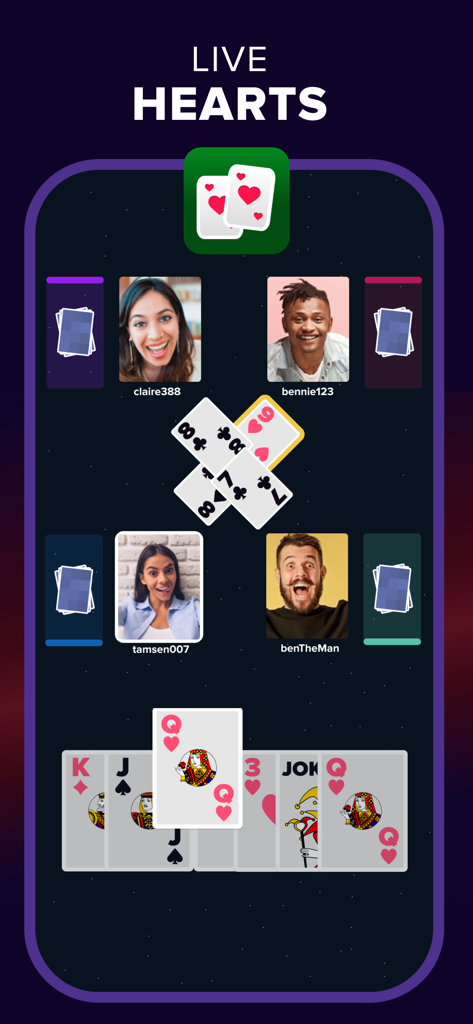 Online Hearts card game with live video chat showing four players on the pop.in app