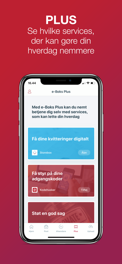 e-Boks.dk - Interface do recurso e-Boks Plus mostrando serviços digitais adicionais para gerenciamento da vida diária, como recibos e armazenamento de senhas