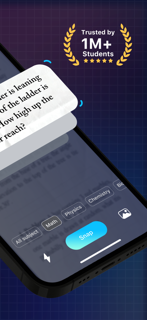 MathHub AI: Intelligent Tutor - Interfaz de la aplicación MathHub AI escaneando un problema de matemáticas con un botón de captura y una insignia de confianza para un millón de estudiantes.