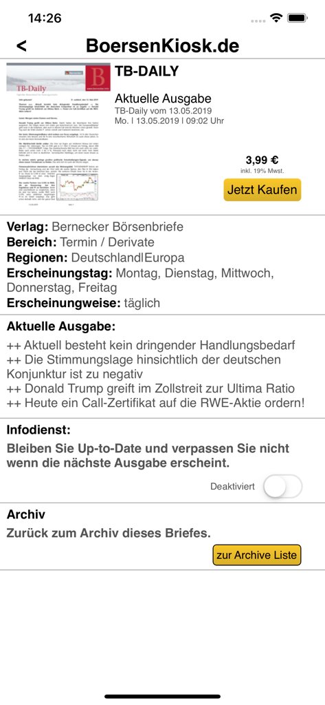 BoersenKiosk - Detailansicht des Finanz-Newsletters TB-Daily von Bernecker in der BoersenKiosk-App mit Preis- und Veröffentlichungsinformationen