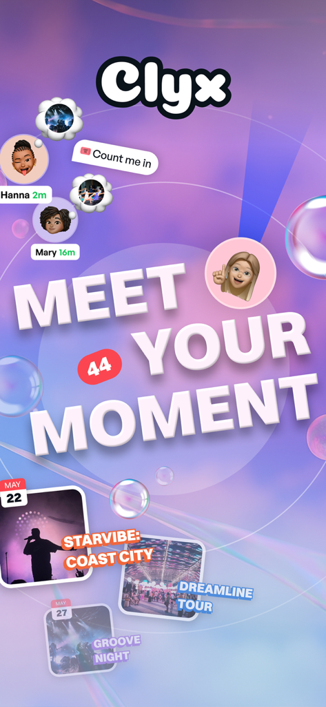 Clyx: Genuine Friends & Events - Clyx app promotional screen featuring the text Meet Your Moment along with curated social events and female user profiles