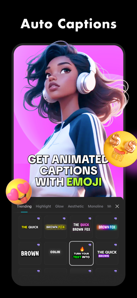 CapCut app interface displaying the auto captions feature with animated text and emojis