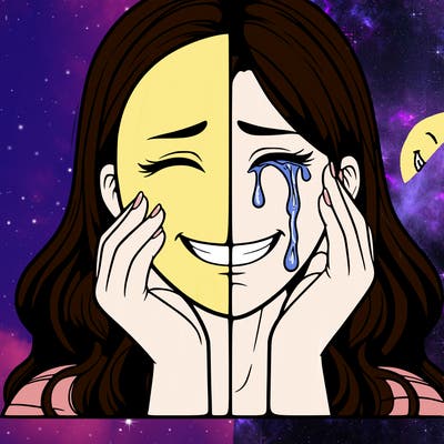woman masking depression with a smile realistic crying