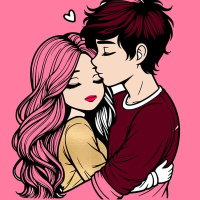a realistic couple boy and girl hugging and kissing