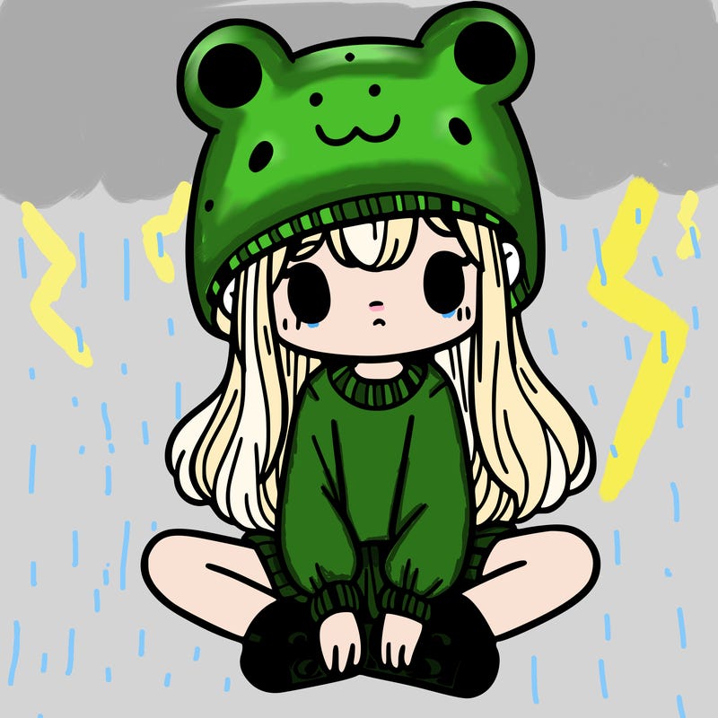 a girl wearing a frog hat and some frog socks