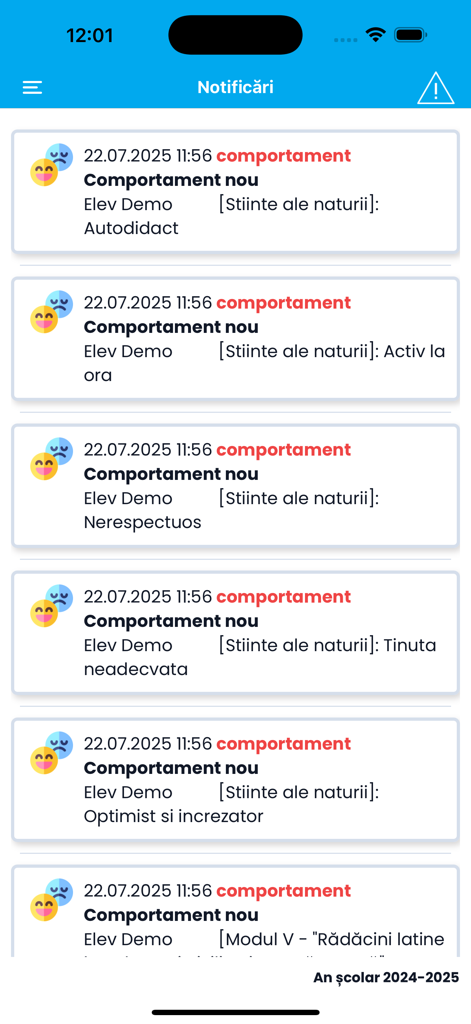 24edu - 24edu 앱 인터페이스의 학생 행동 알림 목록