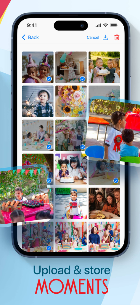 Gulli - A smartphone screen displaying the Gulli app photo gallery with family birthday photos being selected for upload.