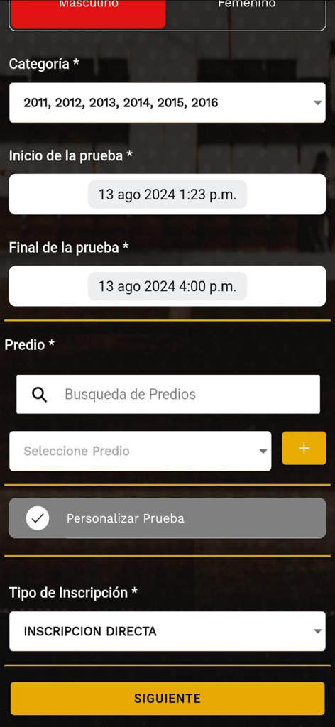 Formulário de inscrição para um teste de futebol no aplicativo Mercado de Pases mostrando seleção de categoria e data.