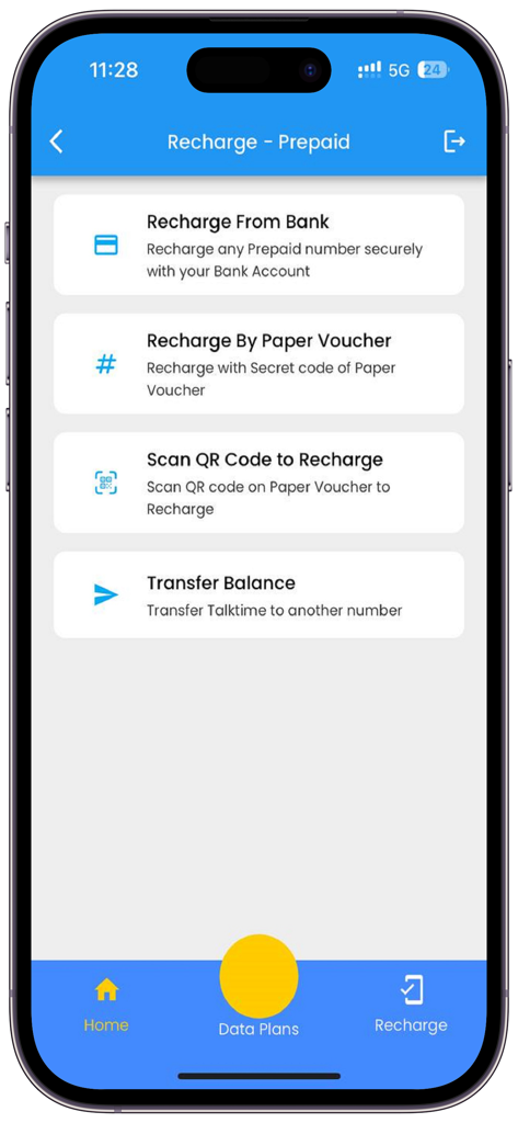 My TashiCell mobile app screen showing options for prepaid recharge and balance transfer