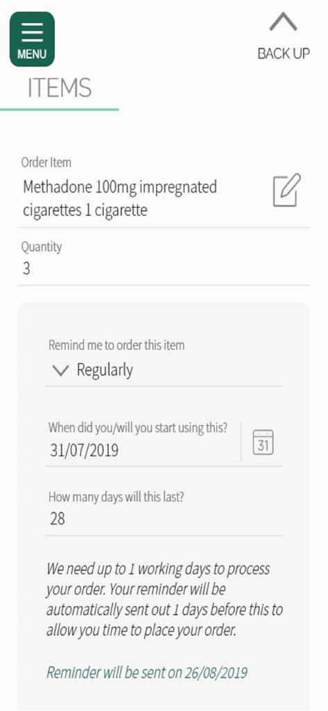 The Prescription App - Screenshot che mostra i dettagli dell'articolo del farmaco e le impostazioni di promemoria di riordino nell'interfaccia dell'app MyPrescriptions
