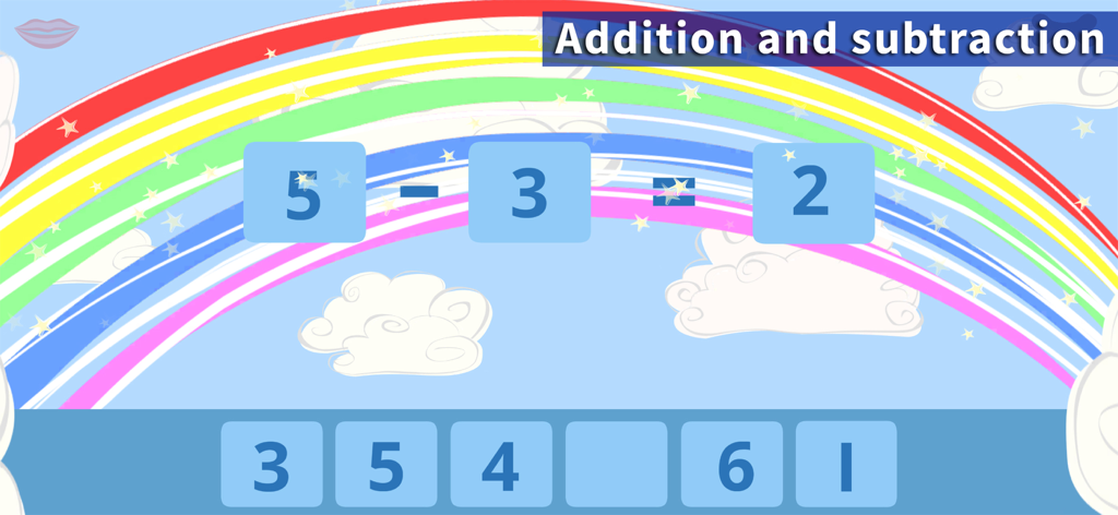 Schermata di gioco educativo di matematica che mostra un problema di sottrazione su uno sfondo arcobaleno