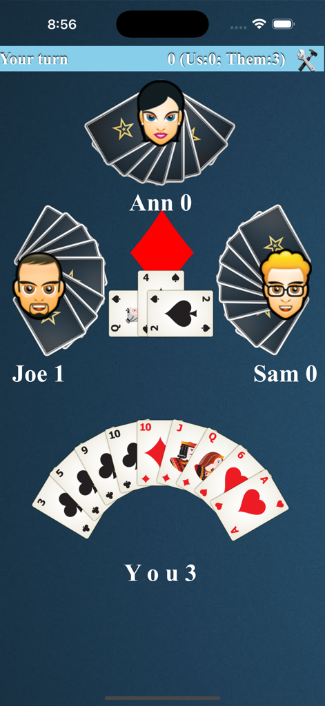 Whist - Card Game - Gameplay screen of the Whist card game showing four players with avatars and cards on a digital table