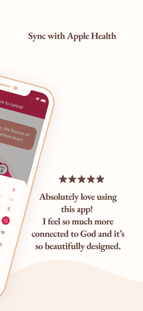 Ayda app screenshot featuring Apple Health synchronization and a five star user review.