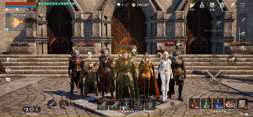 Lineage2M - Un grupo de personajes de fantasía con armaduras detalladas de pie frente a un gran edificio en Lineage2M