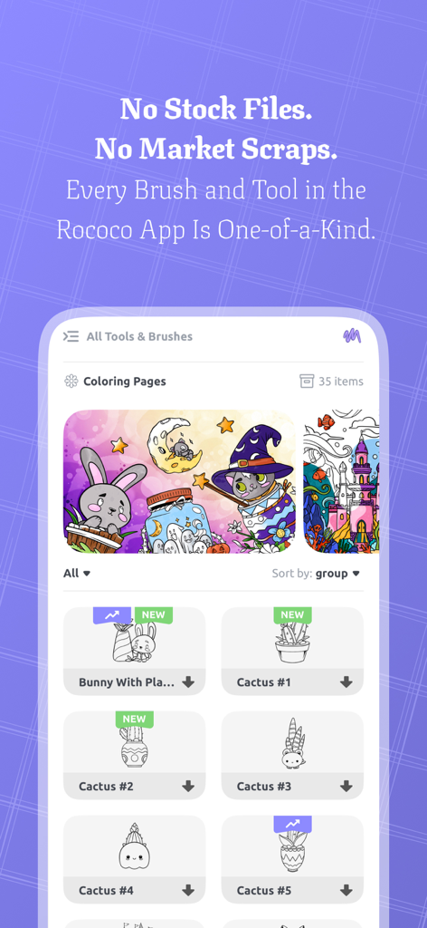Tools & Brushes for Procreate - Interfaz de la aplicación Rococo que muestra una colección de páginas para colorear e ilustraciones únicas para artistas digitales.