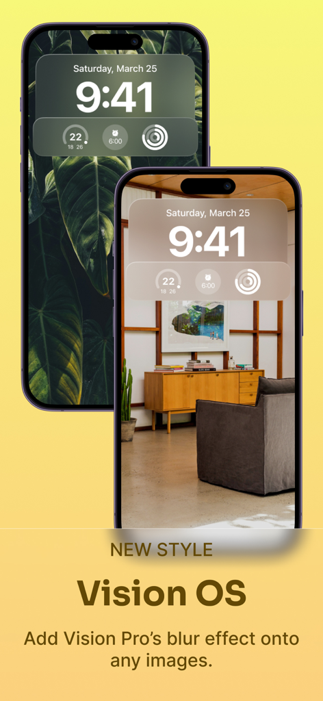 Minipaper: Wallpaper Maker - Zwei iPhones, die Hintergrundbilder mit dem Vision OS Weichzeichner-Effekt für Sperrbildschirm-Widgets zeigen