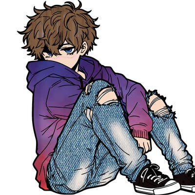 a male hoddie ripped jeans messy hair anime