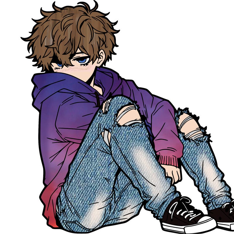 a male hoddie ripped jeans messy hair anime