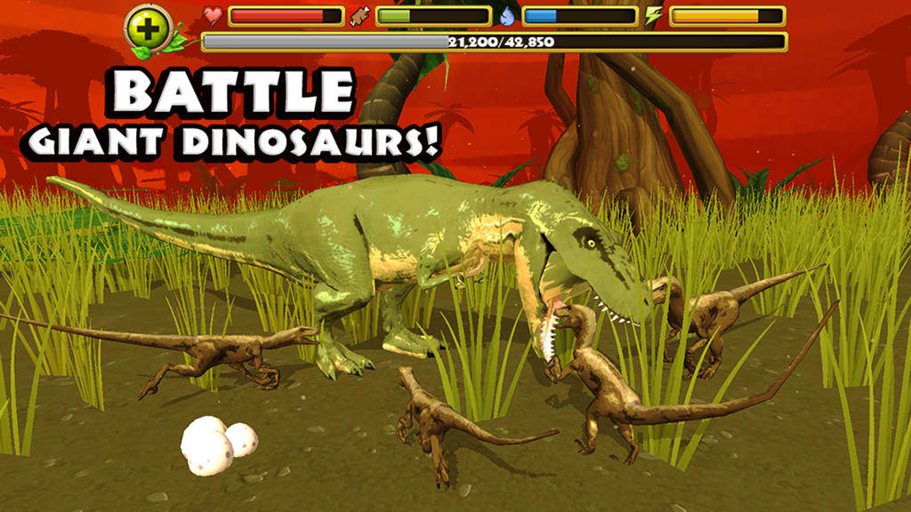 Several Velociraptors attacking a large Tyrannosaurus Rex in a jungle environment