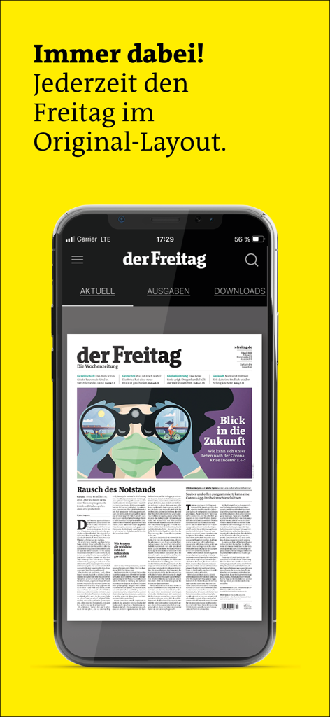 der Freitag EPaper - Smartphone zeigt die der Freitag EPaper App im Original-Zeitungs-Layout.