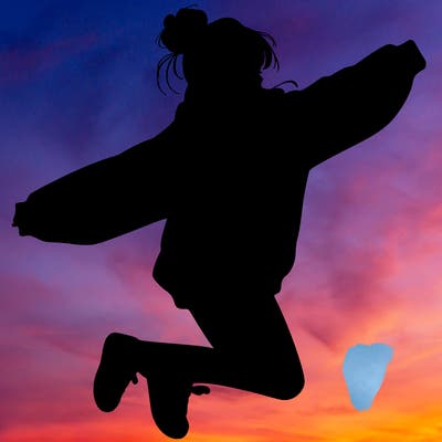 realistic girl jumping with a bun and oversized sweatshirt