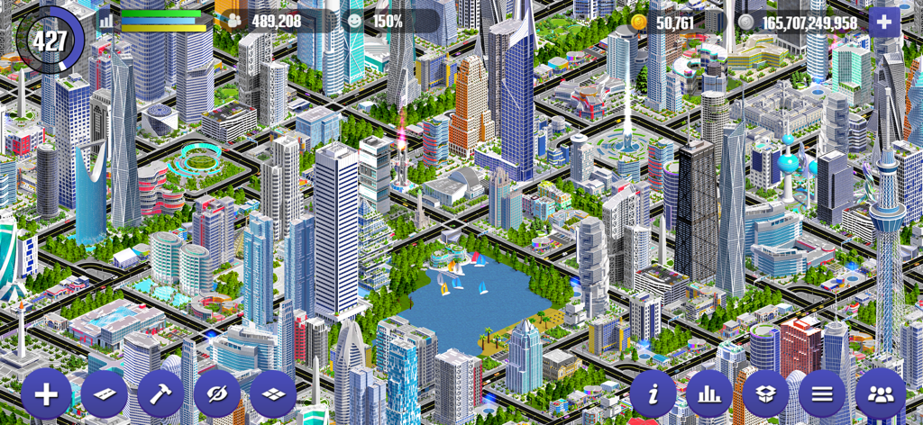Designer City 2 - Un vasto horizonte de ciudad con rascacielos, parques y un lago en Designer City 2