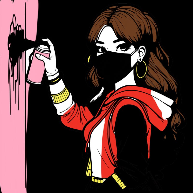 realistic girl with mask spray painting a wall