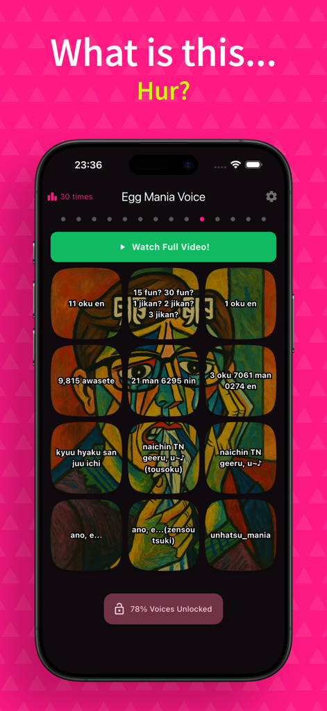 Egg Mania Voice: Pro YouTuber - Interfaz de la aplicación Egg Mania Voice que muestra una cuadrícula de botones de voz desbloqueables de una VTuber japonesa