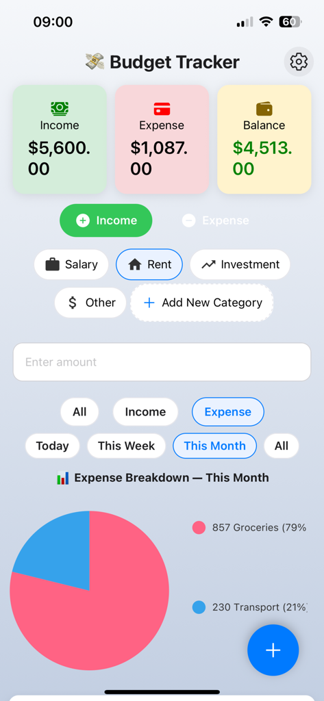 SmartBudget Pro - SmartBudget Pro app interface showing budget tracker with income, expenses, balance, and a monthly expense breakdown pie chart
