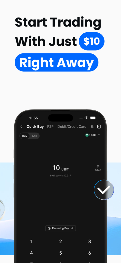 Gate: Trade BTC & ETH - Gate.io 앱 인터페이스로 10달러 최소 금액으로 빠르게 암호화폐를 구매할 수 있습니다.