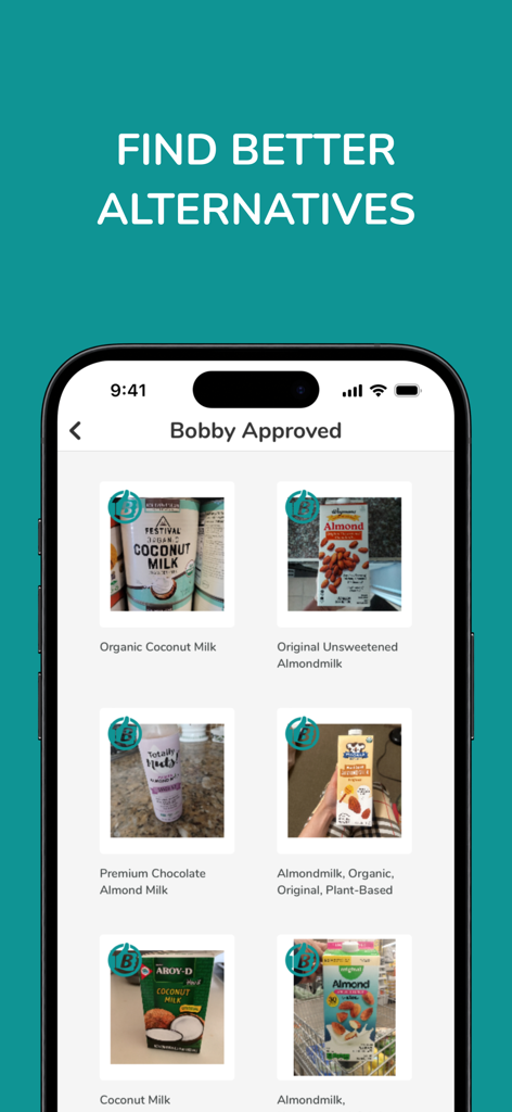 Bobby Approved app screen showing healthy grocery store alternatives