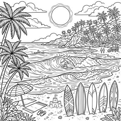 Ride the waves with this dynamic coloring page featuring a lively surfing beach scene. From crashing surf to relaxing shores, it's the perfect canvas for your next colorful escape.