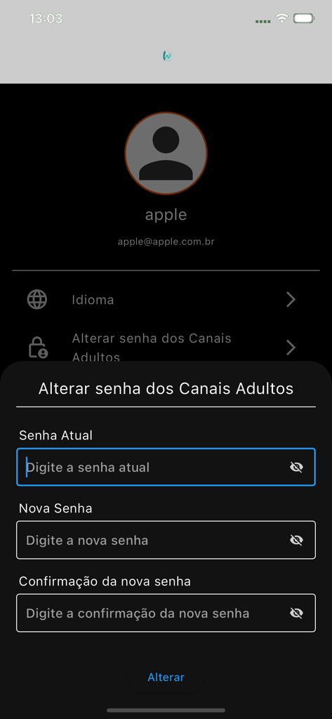 WiTV play - Une capture d'écran de l'application WiTV play montrant les paramètres du compte et une boîte de dialogue de changement de mot de passe