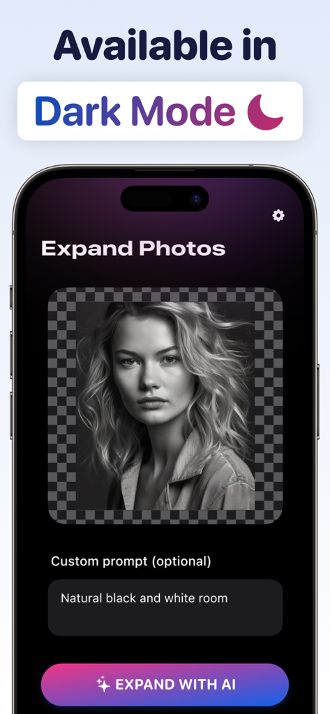 カスタムプロンプトフィールドを備えたポートレート拡張ツールを表示する、ダークモードのAI Expand Photoアプリインターフェイス。