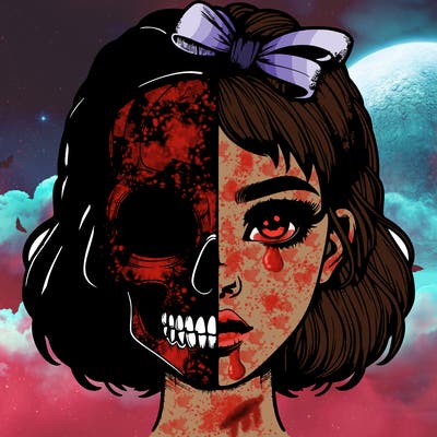 realistic girl with half skull mask