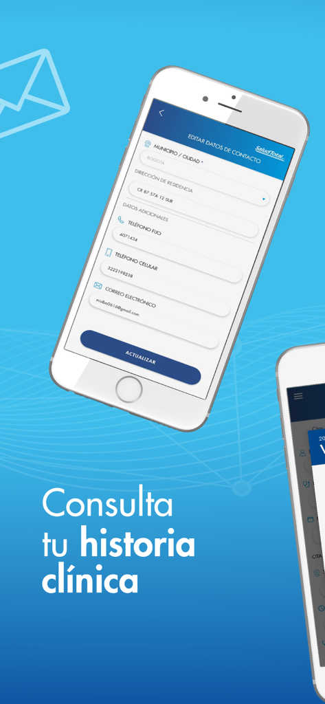 Tela do aplicativo móvel Salud Total EPS-S para atualização de dados de contato e visualização do histórico médico