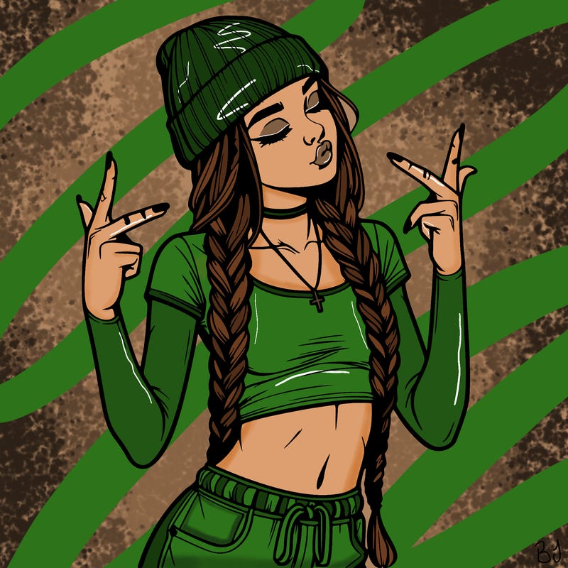 realistic teenage girl with braids and a beanie and crop top doing 🫶🏼
